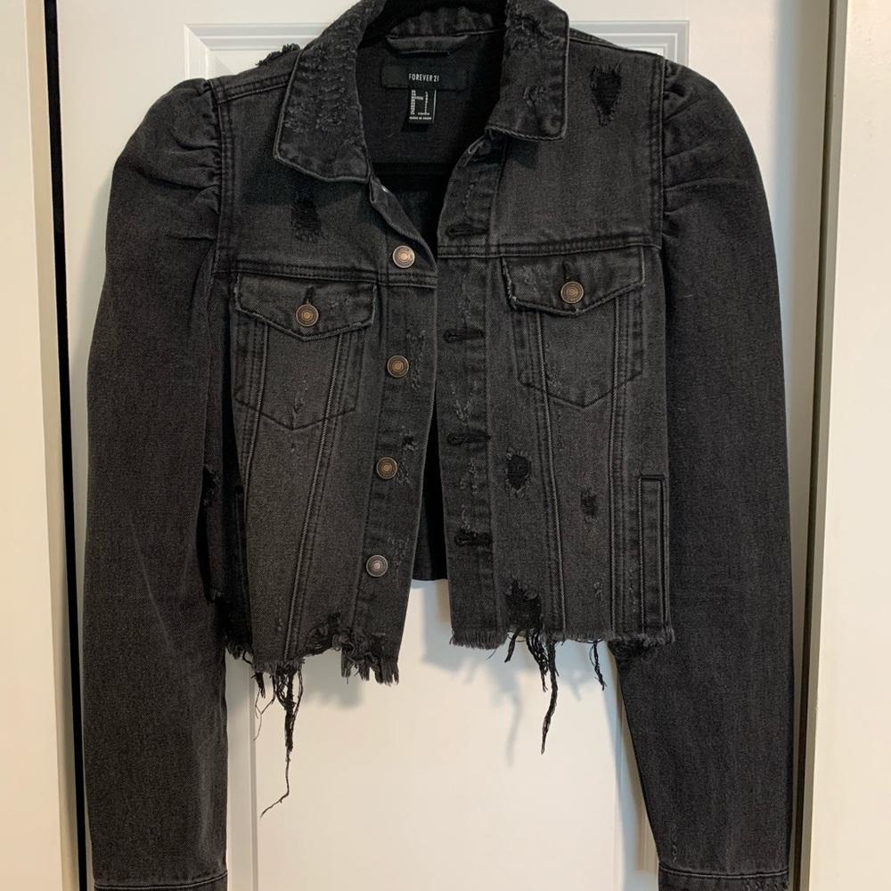 Distressed crop black denim jacket
